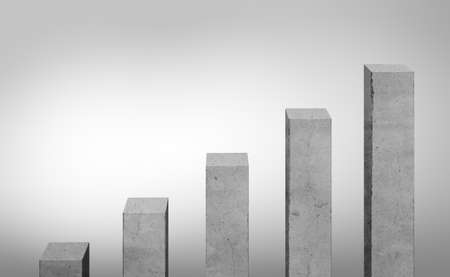 Concrete gray bars different size standing in ascending order Charts and statistics. Construction site. Enterprise analytics. Collage for businessの写真素材