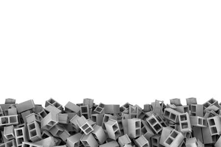 Rendering frame made of gray cinder blocks lying at the bottom on white background. Building materials. Construction industry. Renovation of premises.の写真素材