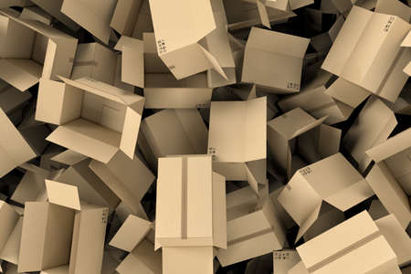 3d rendering of huge amount of light beige empty cardboard mail boxes lying together in disorder, top view. Postal services. Packing and crating. Storage of different products. Compartments for packages.の写真素材