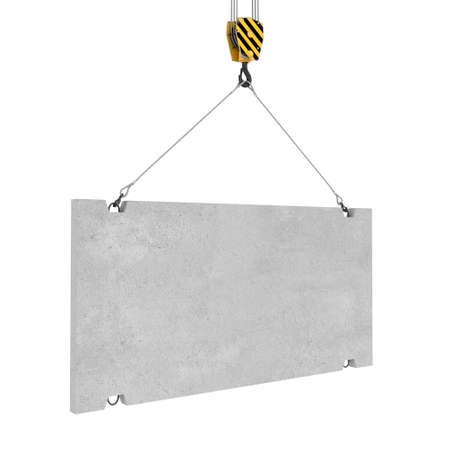 3d rendering of concrete slab hanging on a hook with two ropes isolated on the white background. Building industry. Building materials. Materials transportation.の写真素材