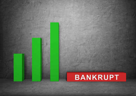 3d rendering of three green columns standing in ascending order and one red collumn with a label 'bankrupt' falling down. Crisis impact. Business strategies. Financial results.の写真素材