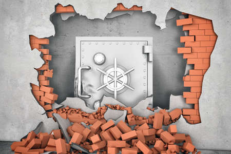 3d rendering of metal damaged safety box standing near the hole in the wall with a pile of red bricks are lying beneath in a stack. Investor protection issues. Dank robbery. Collapse of walls.の写真素材