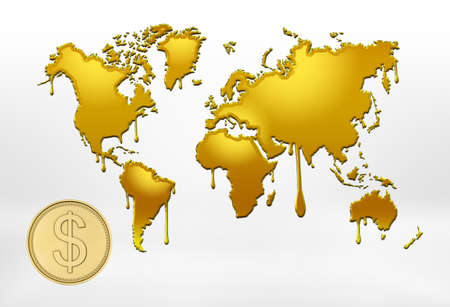 3d rendering of golden outlines of world map with smudges and big coin with the dollar sign on white background. Global issues. International trade. International currency.の写真素材