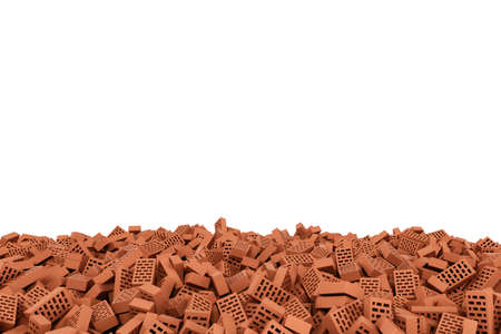 Rendering frame made of red bricks lying at the bottom on white background. Photo frame. Building material. Industry-specific background.の写真素材