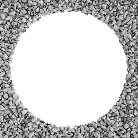 Rendering round frame made of stones lying at the edges with white empty space in the middle. Photo frame. Building material. Industry-specific background.の写真素材