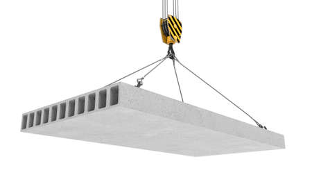 3d rendering of concrete slab hanging on a hook with four ropes isolated on the white background. Building industry. Building materials. Materials transportation.の写真素材