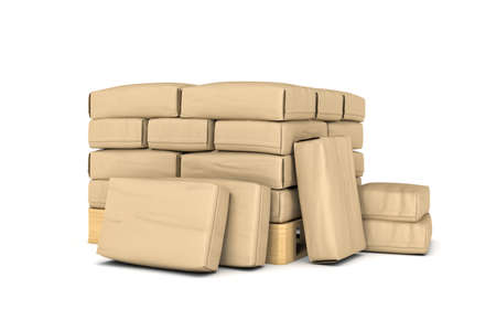 3d rendering of large paper bags rest on a pallet isolated on the white background. Building industry. Building materials. Transportation of materials.の写真素材