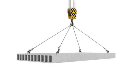 3d rendering of concrete slab hanging on a hook with four ropes isolated on the white background. Building industry. Building materials. Materials transportation.の写真素材