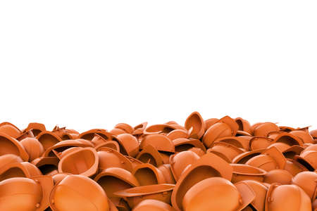 3d rendering of heap of orange building helmets isolated on the white background. Building industry....