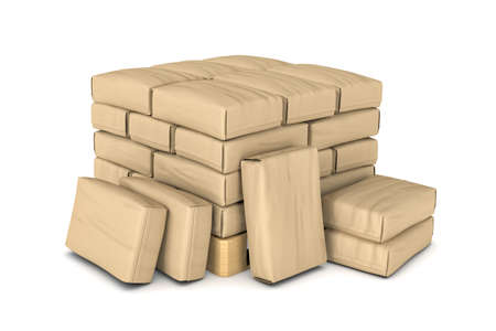 3d rendering of light brown paper sacks piled on a wooden pallet isolated on white background. Goods transportation. Construction and manufacturing. Sacks and containers.の写真素材