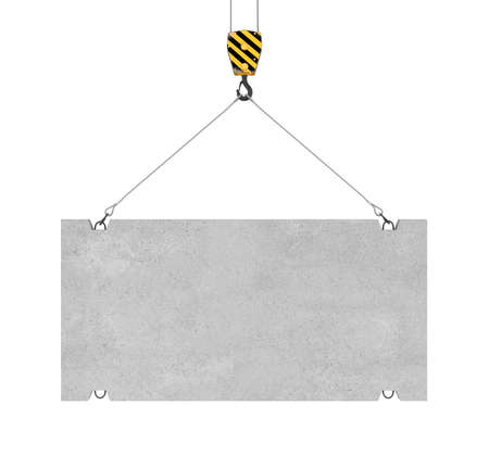 3d rendering of concrete slab hanging on a hook with two ropes isolated on the white background. Building industry. Building materials. Materials transportation.の写真素材
