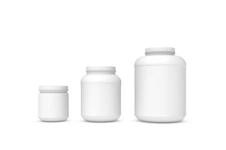 3d rendering of three blank white plastic jars of different sizes isolated on white background. Cans and containers. Loading and transportation. Liquid and bulk cargo.の写真素材