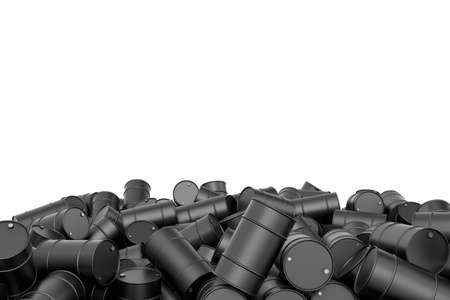 3d rendering of large pile of black oil barrels isolated on white background. Barrels and drums. Oil industry. Transporting liquid cargo.の写真素材