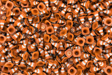 3d rendering of endless pile of orange plastic traffic cones. Road pylons and warning. Traffic safety. Backgroundの写真素材
