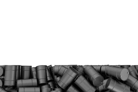 Rendering large pile of black oil barrels isolated on white backgroundの写真素材
