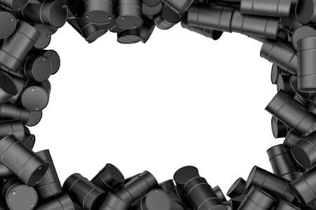 Rendering frame of black oil barrels situated around white backgroundの写真素材