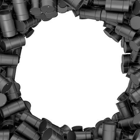 Rendering round frame of black oil barrels on white backgroundの写真素材