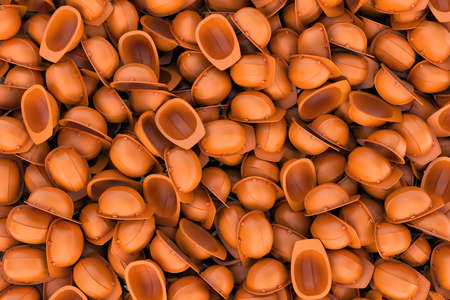 Rendering endless pile of orange work helmets.の写真素材