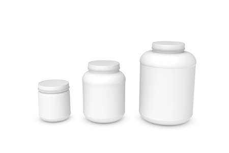 Rendering three blank white plastic jars of different sizesの写真素材