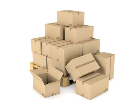 Rendering of several carton boxes stacked evenly on a double-decked palletの写真素材