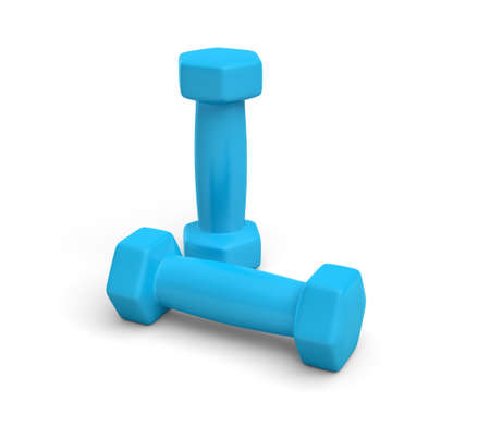 Rendering pair of blue light weight dumbbells isolated on white background.の写真素材