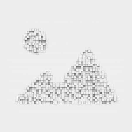 Rendering white mountains and sun icon made up of many square uneven blocks.の写真素材