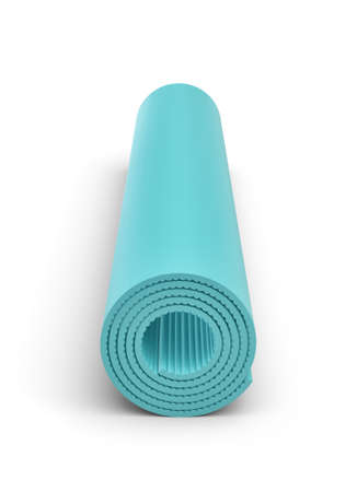 Rendering of blue rolled up yoga mat on white background.の写真素材