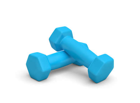 Rendering pair of blue light weight dumbbells isolated on white background.の写真素材
