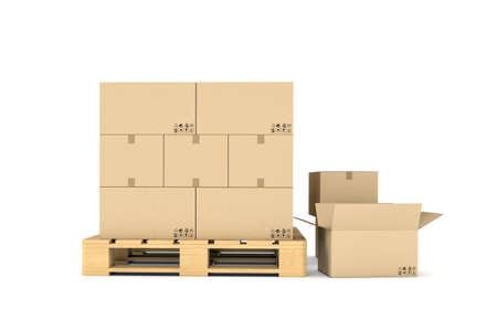 Rendering of several carton boxes stacked evenly on a double-decked palletの写真素材
