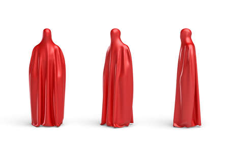 3d rendering of a full height human silhouette covered by red cloth in front, side and 45 degrees view.の写真素材