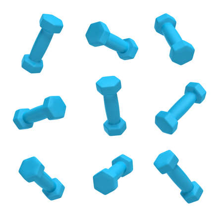 3d rendering of nine small blue dumbbells in different views on white background.の写真素材