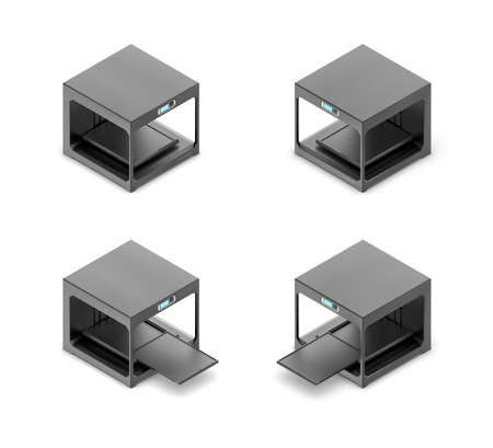 3d rendering of a small black 3d-printer in open and closed state in double-sided isometric view.の写真素材