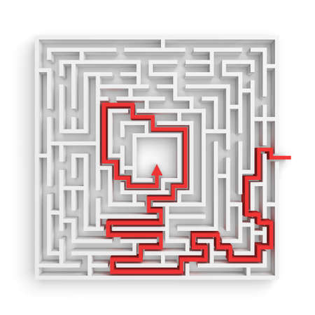 3d rendering of a white square maze with a red arrowed line showing the solution on white background.の写真素材