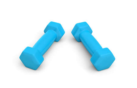 Rendering pair of blue light weight dumbbells isolated on white background.の写真素材