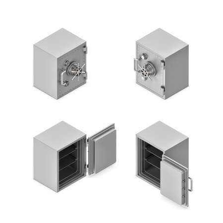 3d rendering of a metal safe box in open and closed state in double-sided isometric view.の写真素材