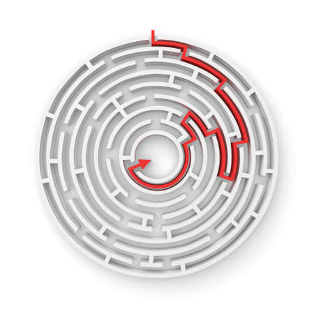 3d rendering of a white round maze with a red arrowed line showing the way out.の写真素材