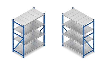3d rendering of a steel grey-and-blue shelving unit in double-sided isometric view.の写真素材