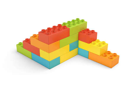 3d rendering of multi-colored toy bricks making up two-sided stairs on white background.の写真素材