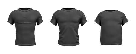3d rendering of a black T-shirt in realistic slim, muscular and fat shape in front view on white background.の写真素材