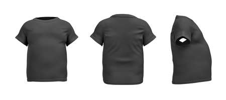 3d rendering of a black T-shirt in realistic fat shape in side, front and back view on white background.の写真素材