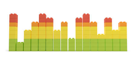 3d rendering of multi-colored toy bricks making up high uneven towers or graphs on white background.の写真素材