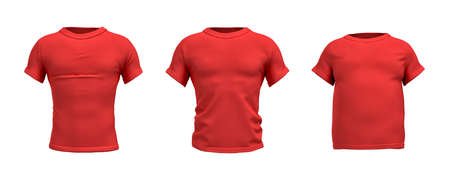 3d rendering of a red T-shirt in realistic slim, muscular and fat shape in front view on white background.の写真素材