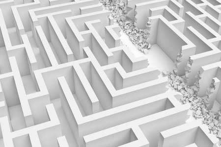 3d rendering of a white maze in front bottom view cut in straight line in half with rubble on the edges.の写真素材