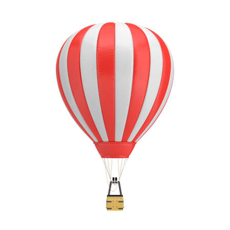 3d rendering of a red and white hot air balloon with a basket on white background.の写真素材
