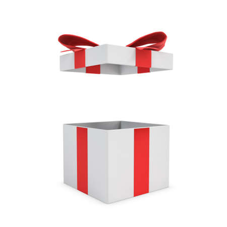 3d rendering of a white open gift box tied with a red bow on white background.の写真素材