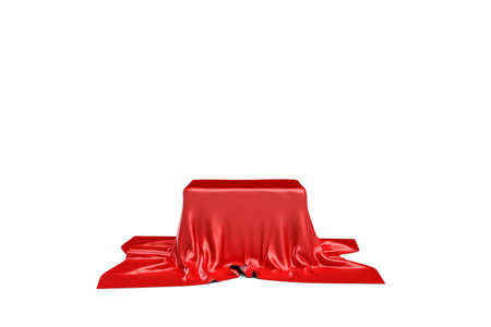 3d rendering of a piece of red satin clothes is likely to hide a box isolated on white backgroundの写真素材
