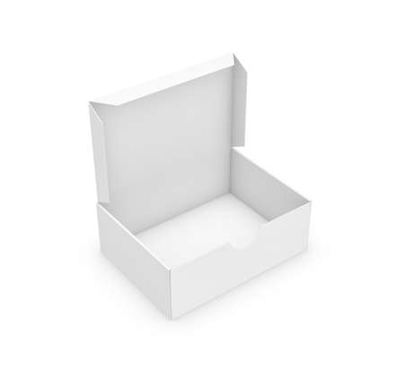3d rendering of a white rectangular box with an opened attached lid on white background.の写真素材