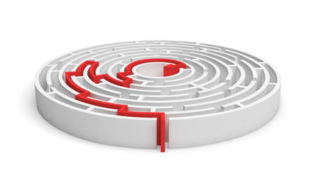 3d rendering of a white round maze with a red arrowed line showing the way out.の写真素材