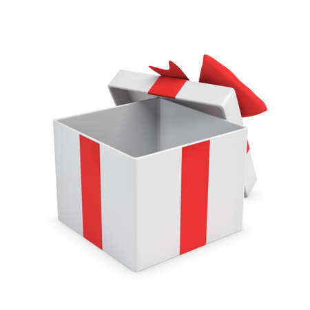 3d rendering of a white open gift box tied with a red bow on white background.の写真素材