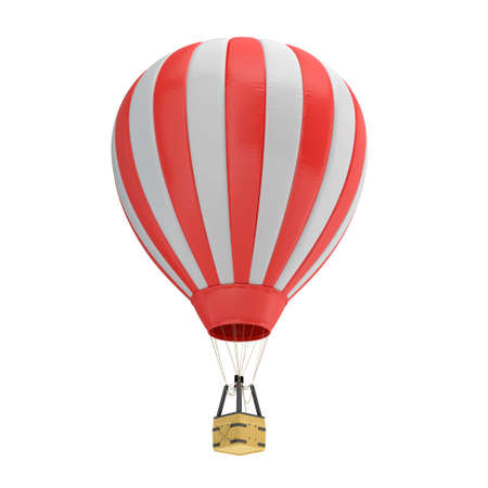 3d rendering of a red and white hot air balloon with a basket on white background.の写真素材